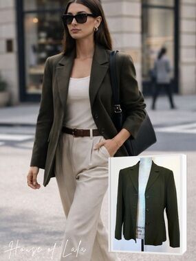Wool Olive Green Vintage Blazer. 90s Tailored Workwear Blazer.